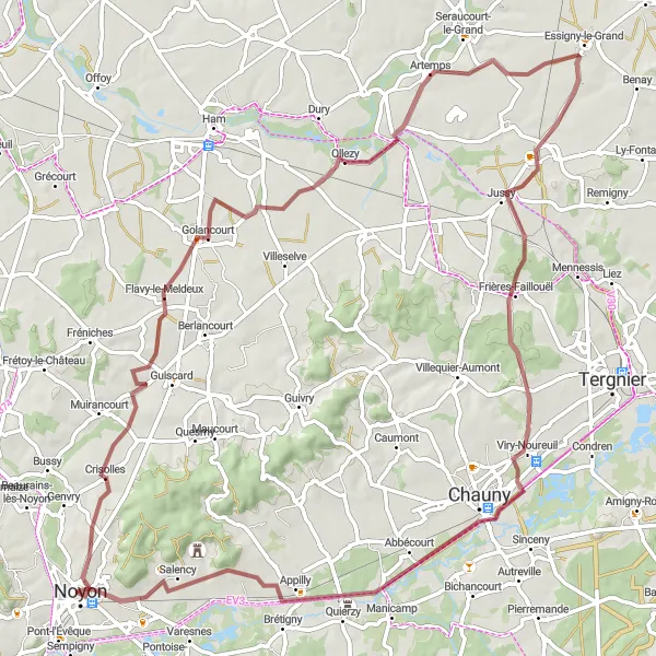 Miniature de la carte de l'inspiration cycliste "Aventure à Golancourt" dans la Picardie, France. Générée par le planificateur d'itinéraire cycliste Tarmacs.app