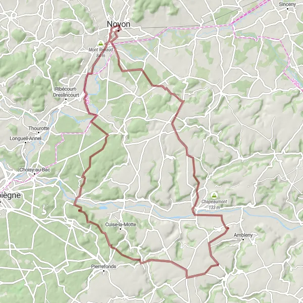 Miniature de la carte de l'inspiration cycliste "Les Collines Mystérieuses" dans la Picardie, France. Générée par le planificateur d'itinéraire cycliste Tarmacs.app