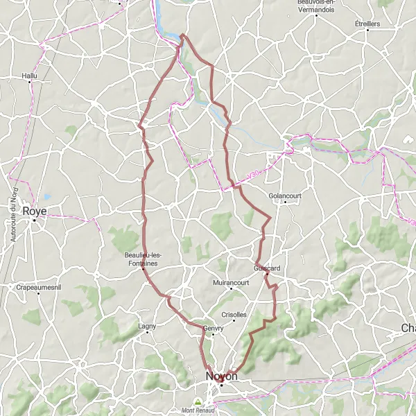 Map miniature of "Gravel Escape" cycling inspiration in Picardie, France. Generated by Tarmacs.app cycling route planner