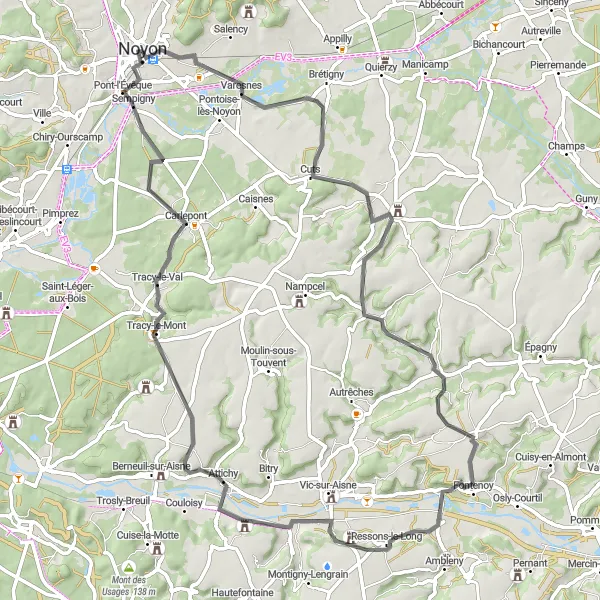 Map miniature of "Noyon Adventure" cycling inspiration in Picardie, France. Generated by Tarmacs.app cycling route planner