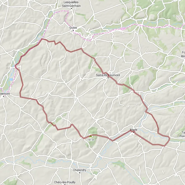 Map miniature of "The Audigny Gravel Explorer" cycling inspiration in Picardie, France. Generated by Tarmacs.app cycling route planner