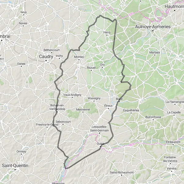 Miniature de la carte de l'inspiration cycliste "Itinéraire Éclectique en Thiérache" dans la Picardie, France. Générée par le planificateur d'itinéraire cycliste Tarmacs.app
