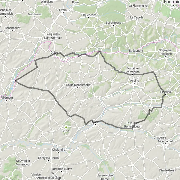 Map miniature of "The Monceau-sur-Oise Loop" cycling inspiration in Picardie, France. Generated by Tarmacs.app cycling route planner