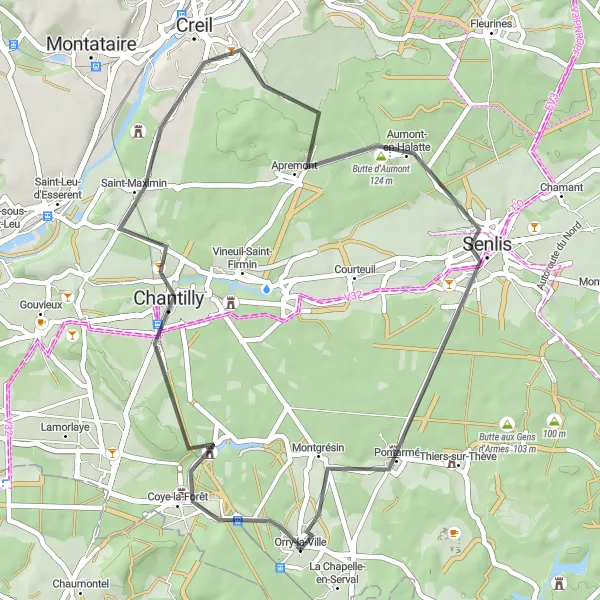 Miniature de la carte de l'inspiration cycliste "Escapade à Chantilly et Creil" dans la Picardie, France. Générée par le planificateur d'itinéraire cycliste Tarmacs.app