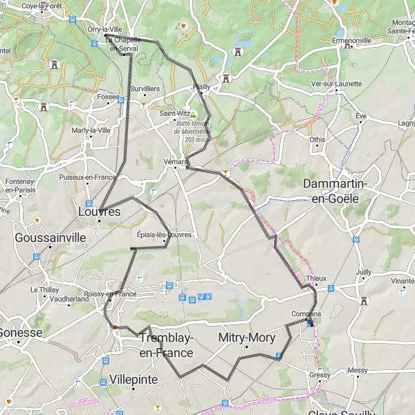Map miniature of "Val-d'Oise Exploration" cycling inspiration in Picardie, France. Generated by Tarmacs.app cycling route planner