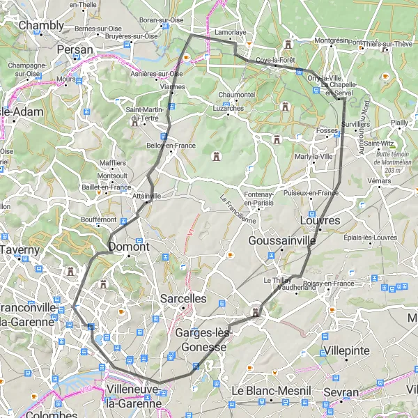 Miniature de la carte de l'inspiration cycliste "Découverte des villages du Val-d'Oise" dans la Picardie, France. Générée par le planificateur d'itinéraire cycliste Tarmacs.app