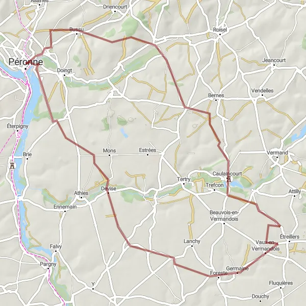 Miniature de la carte de l'inspiration cycliste "Boucle gravel autour de Péronne" dans la Picardie, France. Générée par le planificateur d'itinéraire cycliste Tarmacs.app
