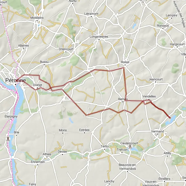 Miniature de la carte de l'inspiration cycliste "Tour en gravel dans la campagne picarde" dans la Picardie, France. Générée par le planificateur d'itinéraire cycliste Tarmacs.app