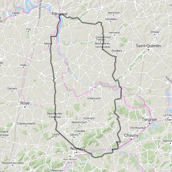 Miniature de la carte de l'inspiration cycliste "Parcours de vélo de route autour de Péronne" dans la Picardie, France. Générée par le planificateur d'itinéraire cycliste Tarmacs.app