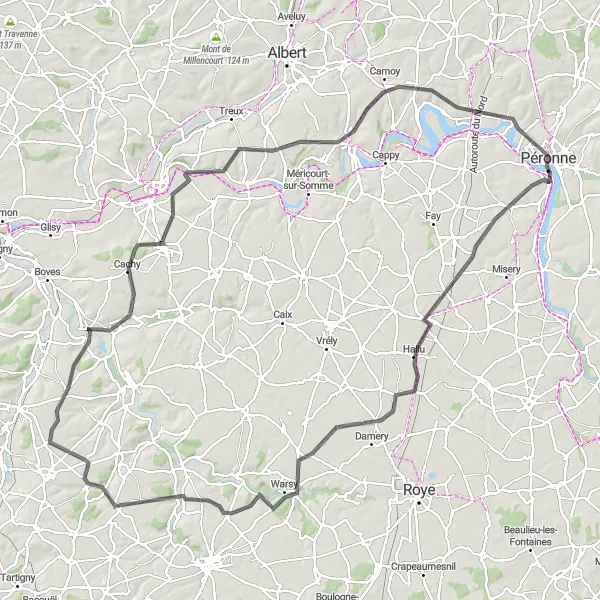 Miniature de la carte de l'inspiration cycliste "Les Chemins de la Somme Historique" dans la Picardie, France. Générée par le planificateur d'itinéraire cycliste Tarmacs.app