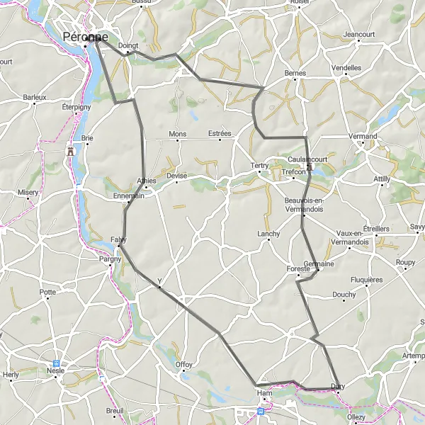 Miniature de la carte de l'inspiration cycliste "Tour panoramique de Hancourt à Mesnil-Bruntel" dans la Picardie, France. Générée par le planificateur d'itinéraire cycliste Tarmacs.app