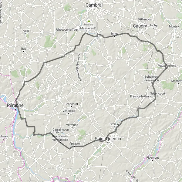 Miniature de la carte de l'inspiration cycliste "Tour panoramique vers Péronne" dans la Picardie, France. Générée par le planificateur d'itinéraire cycliste Tarmacs.app