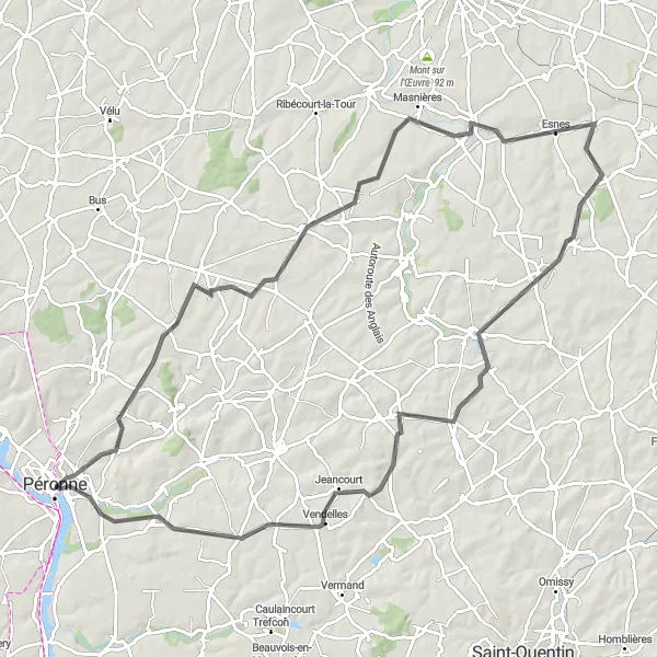 Miniature de la carte de l'inspiration cycliste "Circuit de Péronne à Bellicourt" dans la Picardie, France. Générée par le planificateur d'itinéraire cycliste Tarmacs.app