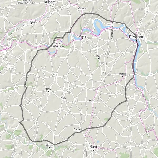 Miniature de la carte de l'inspiration cycliste "Boucle autour de Péronne" dans la Picardie, France. Générée par le planificateur d'itinéraire cycliste Tarmacs.app