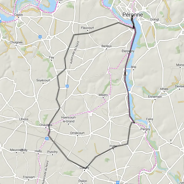 Miniature de la carte de l'inspiration cycliste "Parcours pittoresque près de Péronne" dans la Picardie, France. Générée par le planificateur d'itinéraire cycliste Tarmacs.app