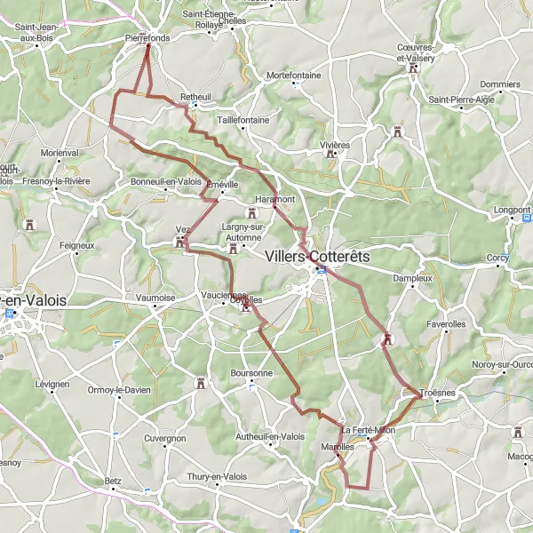 Miniature de la carte de l'inspiration cycliste "Le Charme des Châteaux en Gravel" dans la Picardie, France. Générée par le planificateur d'itinéraire cycliste Tarmacs.app