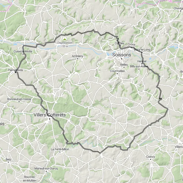 Miniature de la carte de l'inspiration cycliste "Boucle des Châteaux et Villages" dans la Picardie, France. Générée par le planificateur d'itinéraire cycliste Tarmacs.app