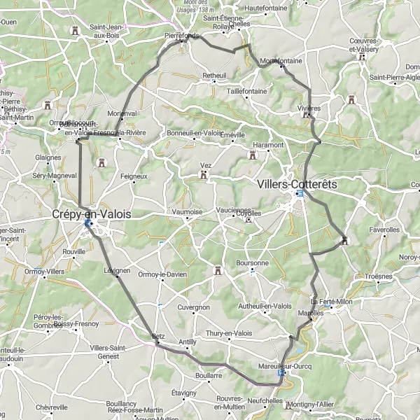 Miniature de la carte de l'inspiration cycliste "Tour de Vivières et environs" dans la Picardie, France. Générée par le planificateur d'itinéraire cycliste Tarmacs.app