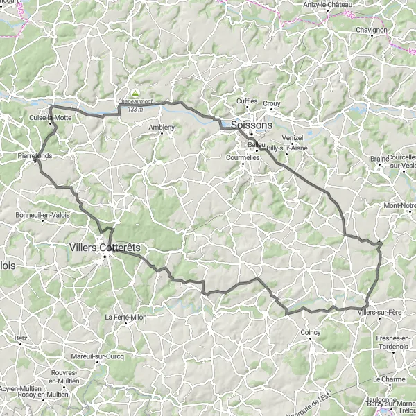 Map miniature of "Wine and Castle Trail" cycling inspiration in Picardie, France. Generated by Tarmacs.app cycling route planner