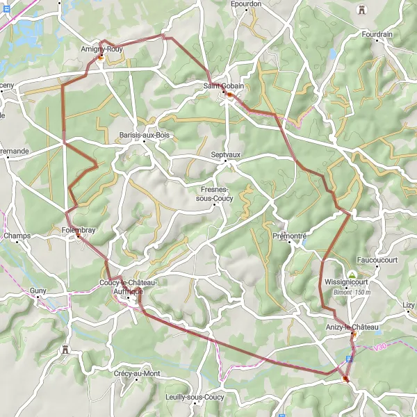 Miniature de la carte de l'inspiration cycliste "Chemin de gravel autour de Pinon" dans la Picardie, France. Générée par le planificateur d'itinéraire cycliste Tarmacs.app
