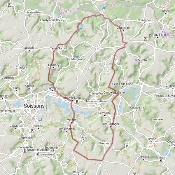 Miniature de la carte de l'inspiration cycliste "Boucle de gravel de 53 km au départ de Pinon" dans la Picardie, France. Générée par le planificateur d'itinéraire cycliste Tarmacs.app