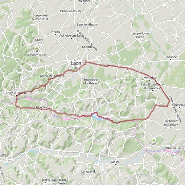 Map miniature of "Mons-en-Laonnois Gravel Route" cycling inspiration in Picardie, France. Generated by Tarmacs.app cycling route planner