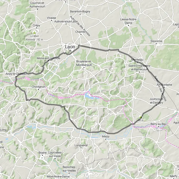 Miniature de la carte de l'inspiration cycliste "Route panoramique de 91 km en direction de Pinon" dans la Picardie, France. Générée par le planificateur d'itinéraire cycliste Tarmacs.app