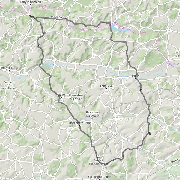 Map miniature of "Maizy Road Route" cycling inspiration in Picardie, France. Generated by Tarmacs.app cycling route planner