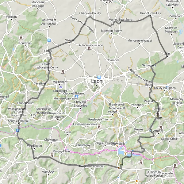 Miniature de la carte de l'inspiration cycliste "Boucle routière de 93 km à la découverte de Picardie" dans la Picardie, France. Générée par le planificateur d'itinéraire cycliste Tarmacs.app