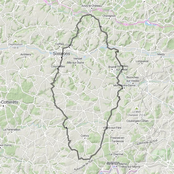 Miniature de la carte de l'inspiration cycliste "Parcours de 123 km à travers la campagne de Picardie" dans la Picardie, France. Générée par le planificateur d'itinéraire cycliste Tarmacs.app