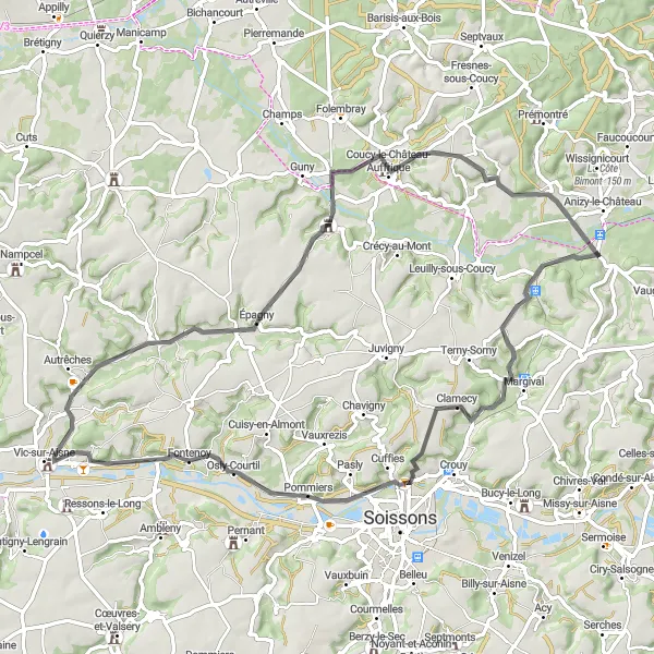 Map miniature of "The Coucy Castle Loop" cycling inspiration in Picardie, France. Generated by Tarmacs.app cycling route planner