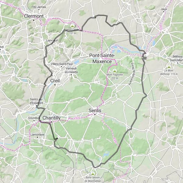 Miniature de la carte de l'inspiration cycliste "Boucle des Châteaux de l'Oise" dans la Picardie, France. Générée par le planificateur d'itinéraire cycliste Tarmacs.app
