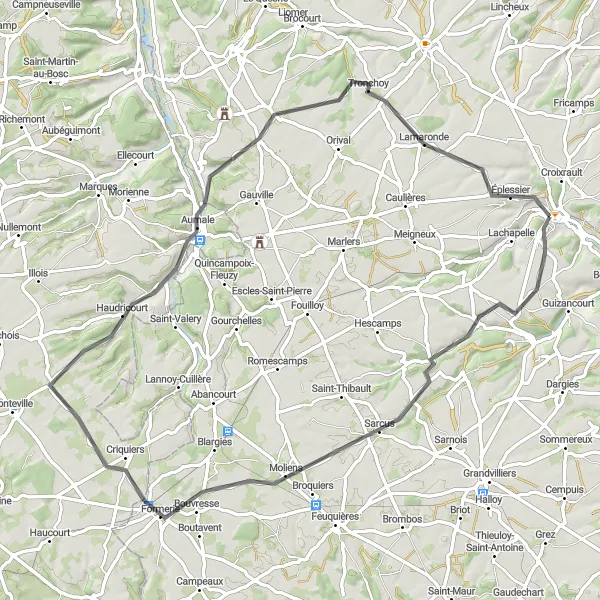 Map miniature of "Picturesque Aumale Route" cycling inspiration in Picardie, France. Generated by Tarmacs.app cycling route planner