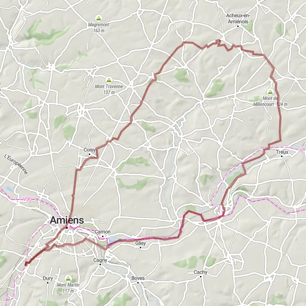 Miniature de la carte de l'inspiration cycliste "Les Chemins des Soeurs Grises" dans la Picardie, France. Générée par le planificateur d'itinéraire cycliste Tarmacs.app