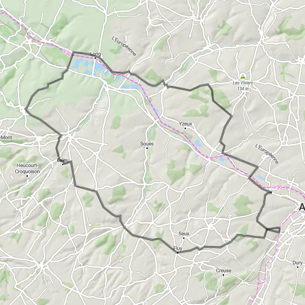 Miniature de la carte de l'inspiration cycliste "Sur les Routes de la Campagne Picarde" dans la Picardie, France. Générée par le planificateur d'itinéraire cycliste Tarmacs.app