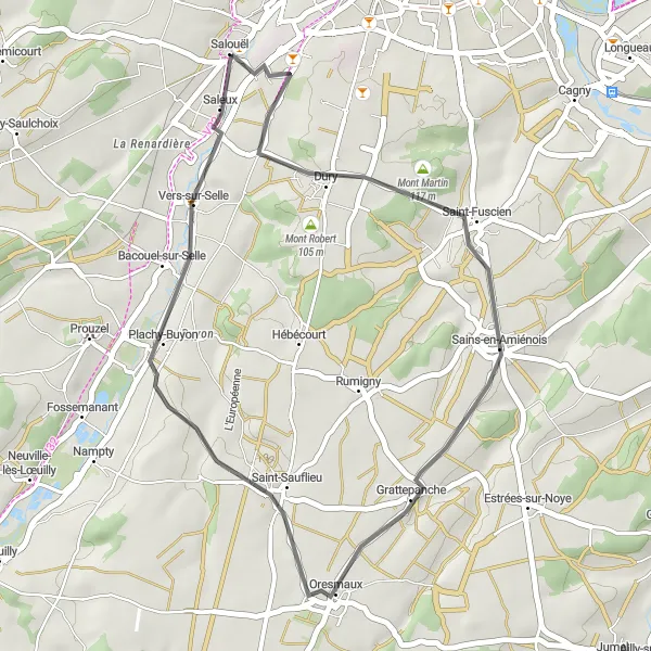 Miniature de la carte de l'inspiration cycliste "La Petite Boucle de Sains-en-Amiénois" dans la Picardie, France. Générée par le planificateur d'itinéraire cycliste Tarmacs.app