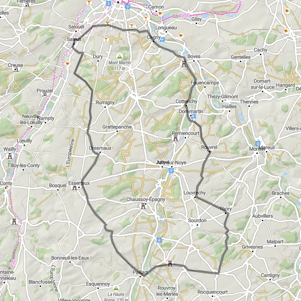 Miniature de la carte de l'inspiration cycliste "La Route Route de Saleux" dans la Picardie, France. Générée par le planificateur d'itinéraire cycliste Tarmacs.app