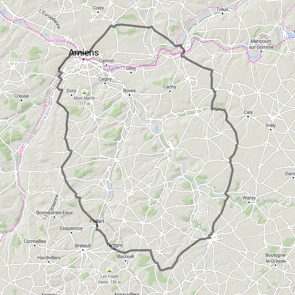 Miniature de la carte de l'inspiration cycliste "La Boucle des Villages Picards" dans la Picardie, France. Générée par le planificateur d'itinéraire cycliste Tarmacs.app