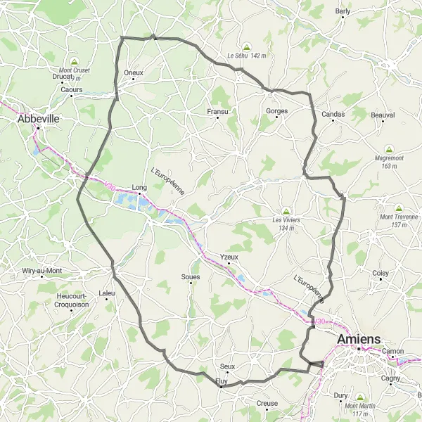 Miniature de la carte de l'inspiration cycliste "La Route des Abbayes" dans la Picardie, France. Générée par le planificateur d'itinéraire cycliste Tarmacs.app