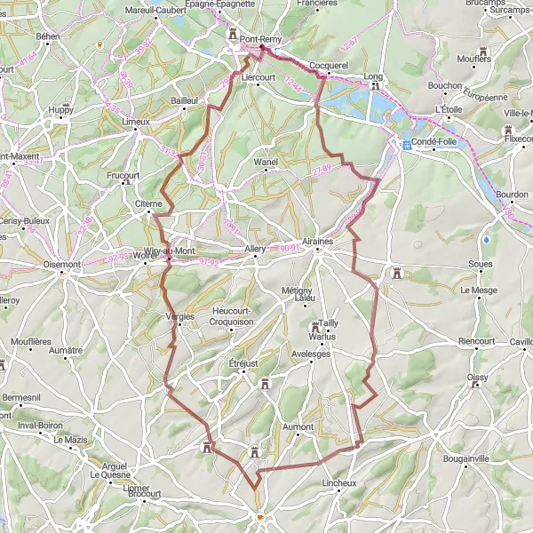 Miniature de la carte de l'inspiration cycliste "Tour des Châteaux et Villages en Gravier" dans la Picardie, France. Générée par le planificateur d'itinéraire cycliste Tarmacs.app