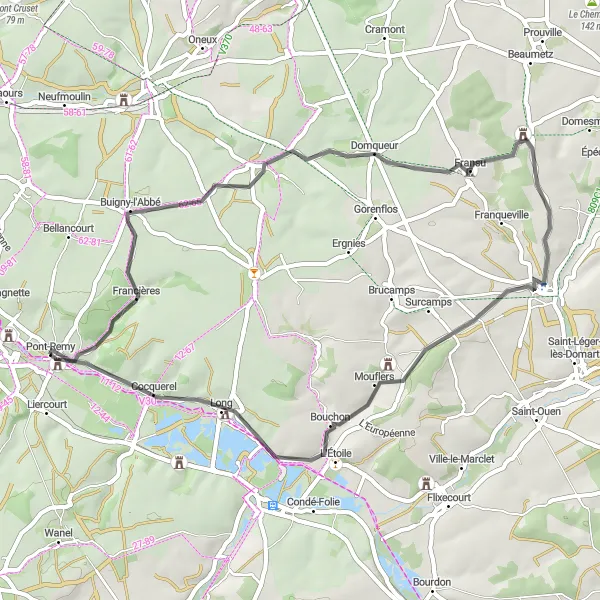 Map miniature of "Revitalizing Ride through Picardie Villages" cycling inspiration in Picardie, France. Generated by Tarmacs.app cycling route planner