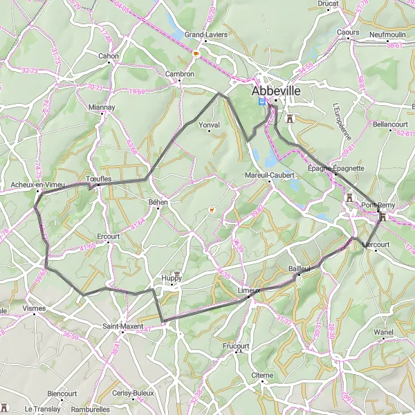 Map miniature of "Picardie Countryside Road Cycling Loop" cycling inspiration in Picardie, France. Generated by Tarmacs.app cycling route planner