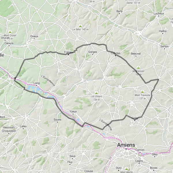 Miniature de la carte de l'inspiration cycliste "Parcours des Hauts-lieux de la Picardie en Route" dans la Picardie, France. Générée par le planificateur d'itinéraire cycliste Tarmacs.app
