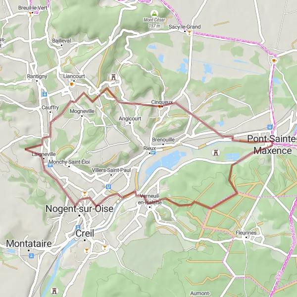 Miniature de la carte de l'inspiration cycliste "Les chemins de Verneuil-en-Halatte" dans la Picardie, France. Générée par le planificateur d'itinéraire cycliste Tarmacs.app