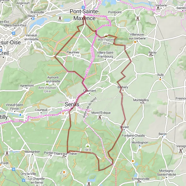 Miniature de la carte de l'inspiration cycliste "Les Sentiers de Senlis" dans la Picardie, France. Générée par le planificateur d'itinéraire cycliste Tarmacs.app