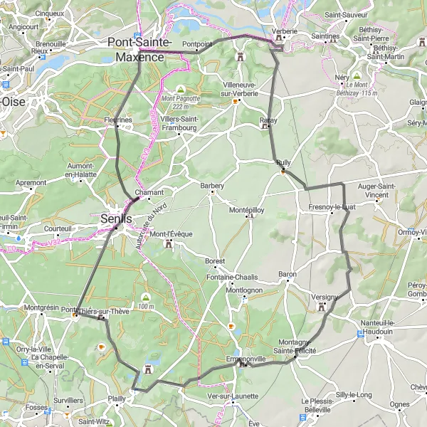 Miniature de la carte de l'inspiration cycliste "Parcours routier entre Verberie et Senlis" dans la Picardie, France. Générée par le planificateur d'itinéraire cycliste Tarmacs.app