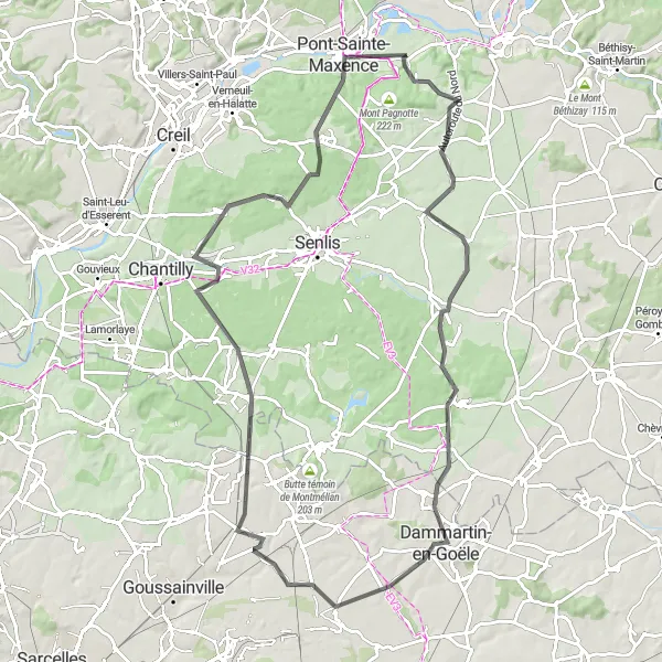 Miniature de la carte de l'inspiration cycliste "Parcours vers Aumont-en-Halatte et Butte d'Aumont" dans la Picardie, France. Générée par le planificateur d'itinéraire cycliste Tarmacs.app