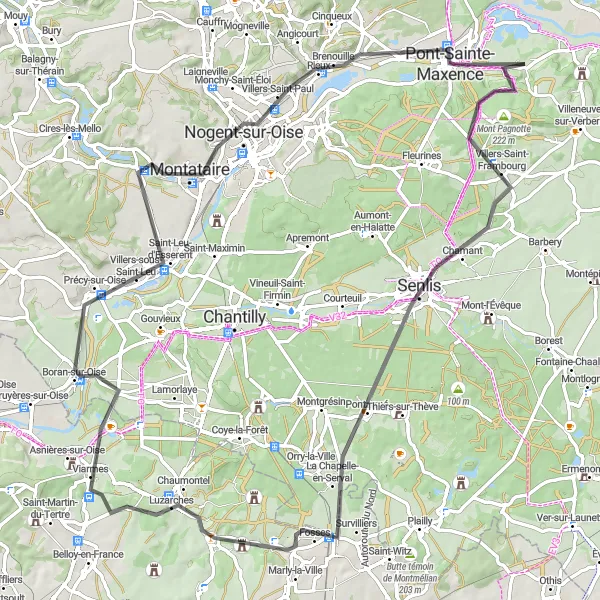 Miniature de la carte de l'inspiration cycliste "Boucle cycliste à travers Senlis et Pont-Sainte-Maxence" dans la Picardie, France. Générée par le planificateur d'itinéraire cycliste Tarmacs.app