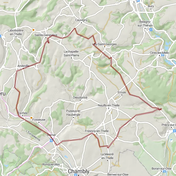 Miniature de la carte de l'inspiration cycliste "Découverte des Chemins de Gravel autour de Précy-sur-Oise" dans la Picardie, France. Générée par le planificateur d'itinéraire cycliste Tarmacs.app