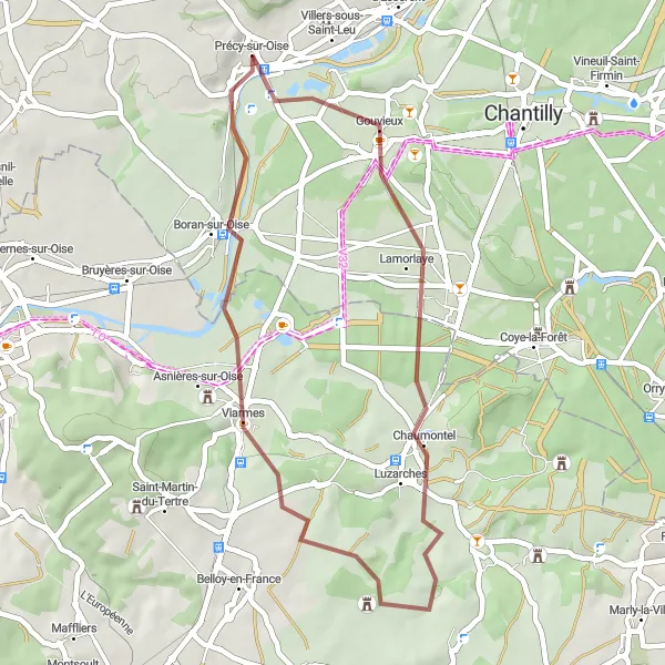 Miniature de la carte de l'inspiration cycliste "Exploration des environs de Précy-sur-Oise" dans la Picardie, France. Générée par le planificateur d'itinéraire cycliste Tarmacs.app